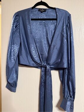 Lulus Blue Rose Satin Wrap Blouse